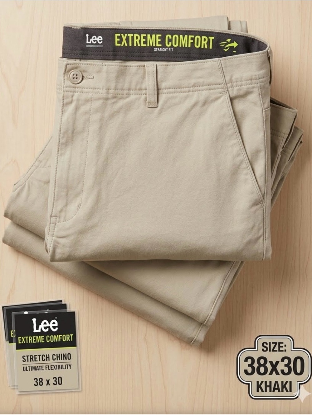 Lee Extreme Comfort Straight Fit Chino Pants 38x30 Khaki Beige Stretch
